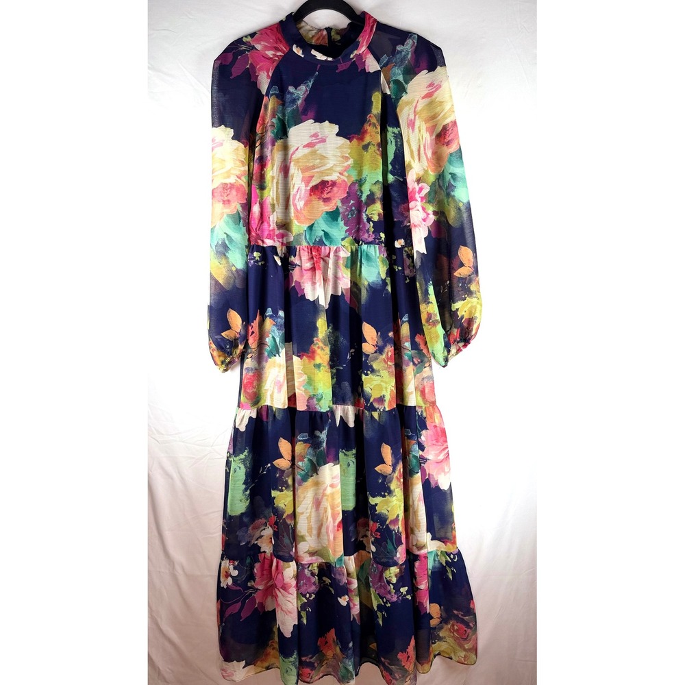 Melonie Floral Mock Neck Tiered Maxi Dress Navy Blue Long Balloon Sleeve Size 12
